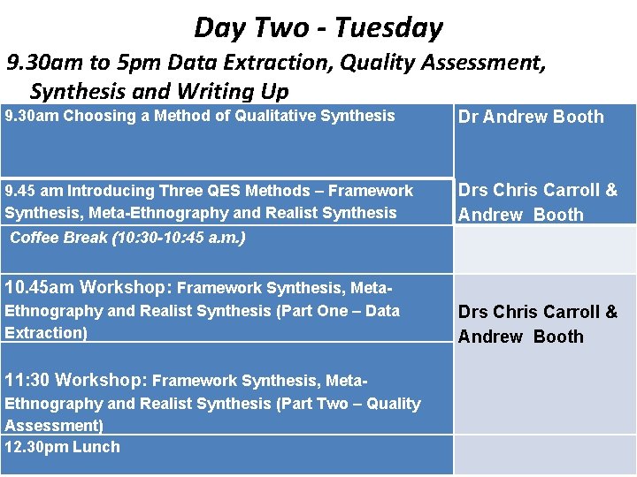 Day Two - Tuesday 9. 30 am to 5 pm Data Extraction, Quality Assessment,