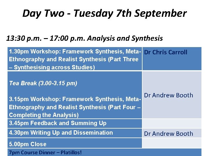 Day Two - Tuesday 7 th September 13: 30 p. m. – 17: 00