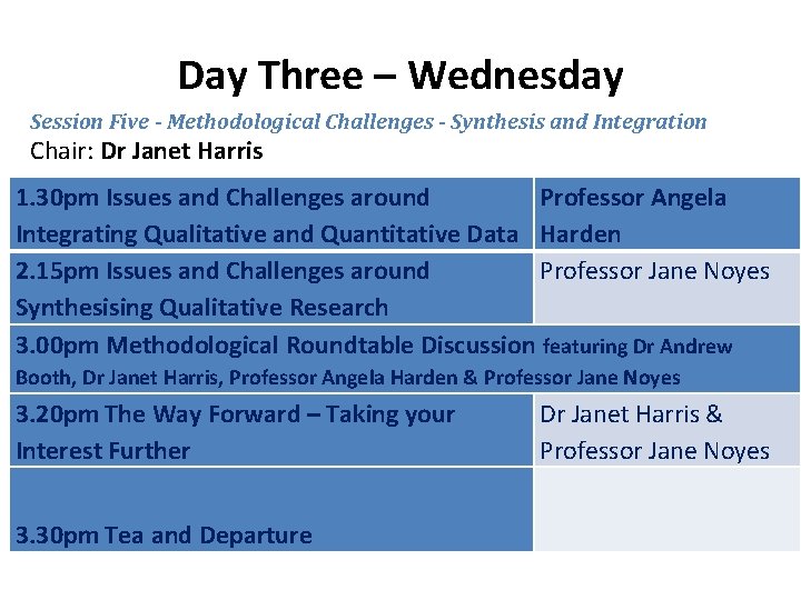 Day Three – Wednesday Session Five - Methodological Challenges - Synthesis and Integration Chair:
