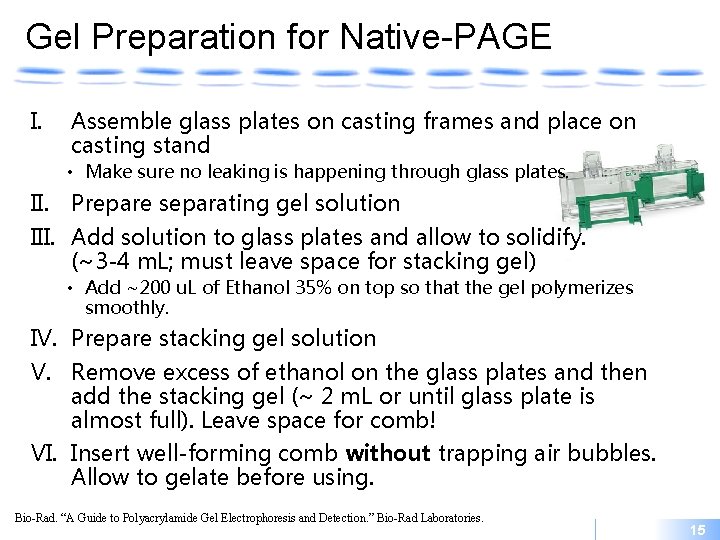 Gel Preparation for Native-PAGE I. Assemble glass plates on casting frames and place on