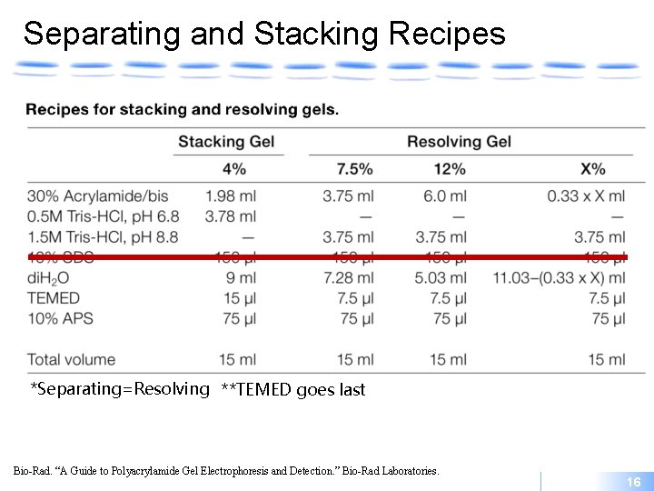 Separating and Stacking Recipes *Separating=Resolving **TEMED goes last Bio-Rad. “A Guide to Polyacrylamide Gel