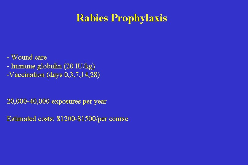 Rabies Prophylaxis - Wound care - Immune globulin (20 IU/kg) -Vaccination (days 0, 3,