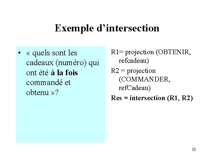 Exemple d’intersection • « quels sont les cadeaux (numéro) qui ont été à la