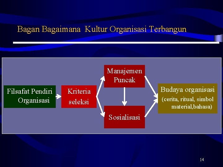 Bagan Bagaimana Kultur Organisasi Terbangun Manajemen Puncak Filsafat Pendiri Organisasi Budaya organisasi Kriteria seleksi