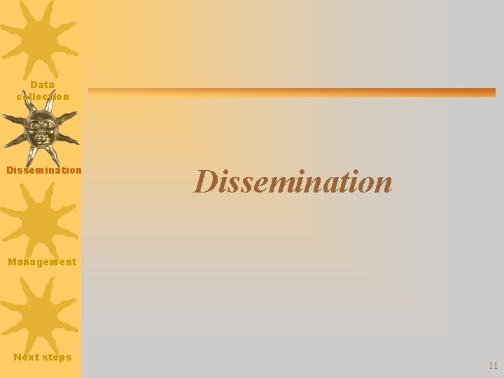 Data collection Dissemination Management Next steps 11 