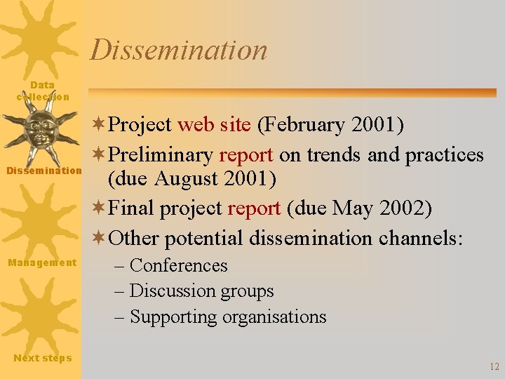 Dissemination Data collection Dissemination Management Next steps ¬Project web site (February 2001) ¬Preliminary report