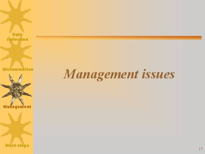 Data collection Dissemination Management issues Management Next steps 17 