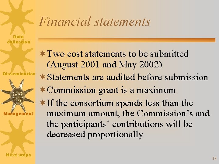 Financial statements Data collection Dissemination Management Next steps ¬Two cost statements to be submitted
