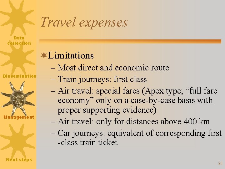 Travel expenses Data collection ¬Limitations Dissemination Management Next steps – Most direct and economic