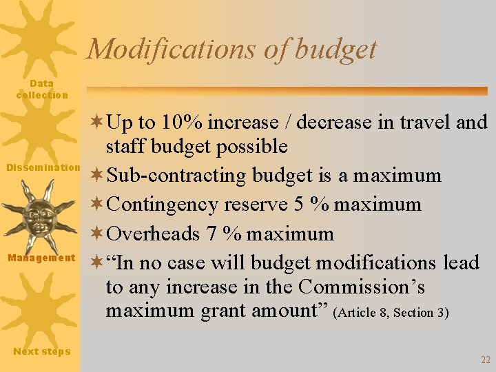 Modifications of budget Data collection Dissemination Management Next steps ¬Up to 10% increase /