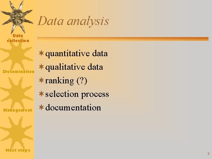 Data analysis Data collection Dissemination Management Next steps ¬quantitative data ¬qualitative data ¬ranking (?