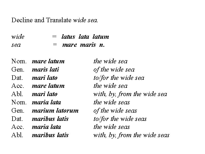 Decline and Translate wide sea Nom. Gen. Dat. Acc. Abl. = latus lata latum