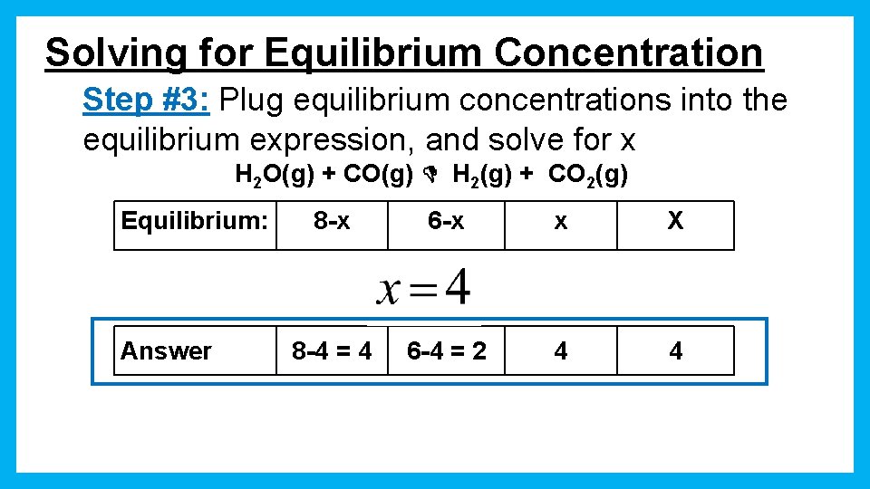 Solving for Equilibrium Concentration Step #3: Plug equilibrium concentrations into the equilibrium expression, and