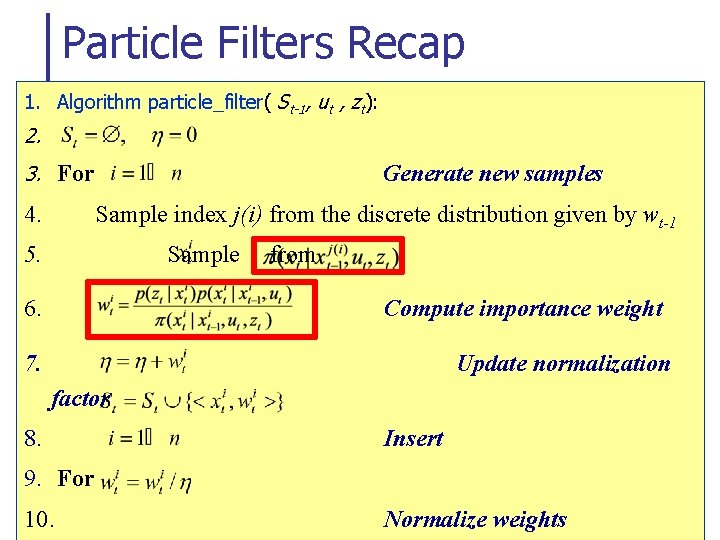 Particle Filters Recap 1. Algorithm particle_filter( St-1, ut , zt): 2. 3. For 4.