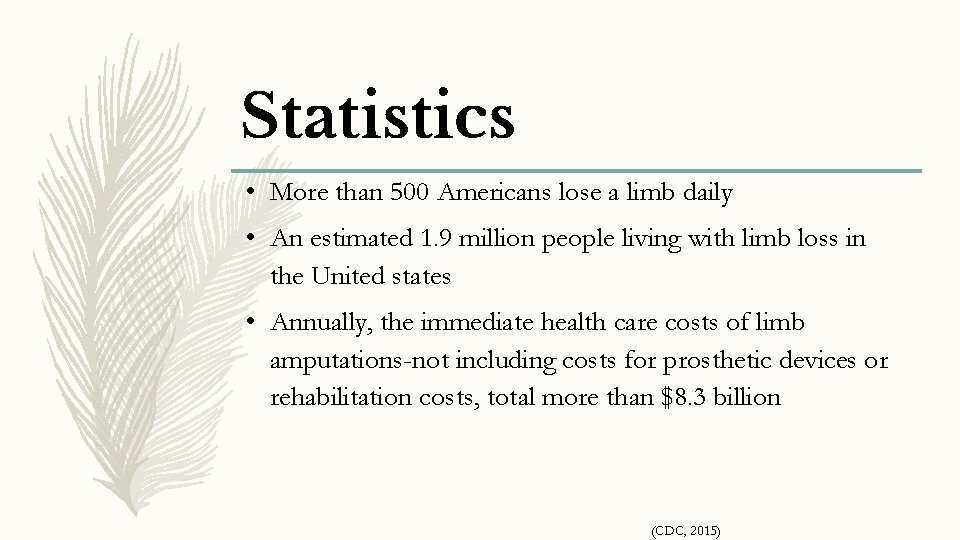 Statistics • More than 500 Americans lose a limb daily • An estimated 1.