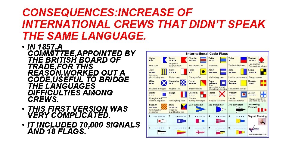 CONSEQUENCES: INCREASE OF INTERNATIONAL CREWS THAT DIDN’T SPEAK THE SAME LANGUAGE. • IN 1857, CONSEQUENCES: INCREASE OF INTERNATIONAL CREWS THAT DIDN’T SPEAK THE SAME LANGUAGE. • IN 1857,