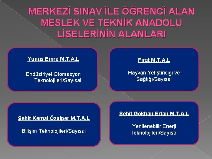 MERKEZİ SINAV İLE ÖĞRENCİ ALAN MESLEK VE TEKNİK ANADOLU LİSELERİNİN ALANLARI Yunus Emre M.