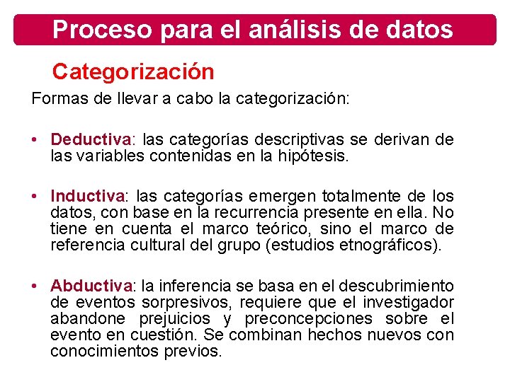 Proceso para el análisis de datos Categorización Formas de llevar a cabo la categorización: