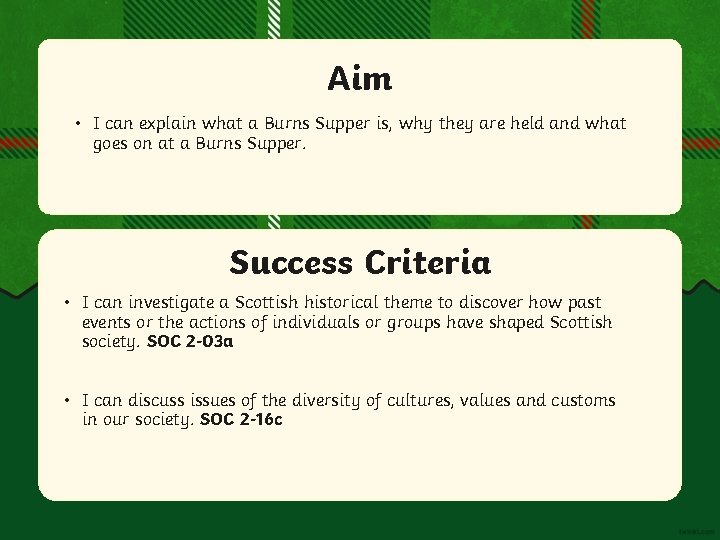 Aim • I can explain what a Burns Supper is, why they are held