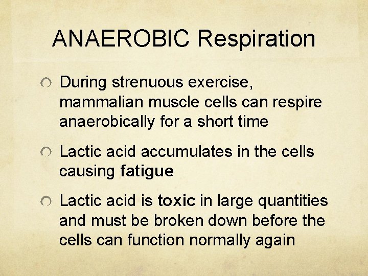 ANAEROBIC Respiration During strenuous exercise, mammalian muscle cells can respire anaerobically for a short