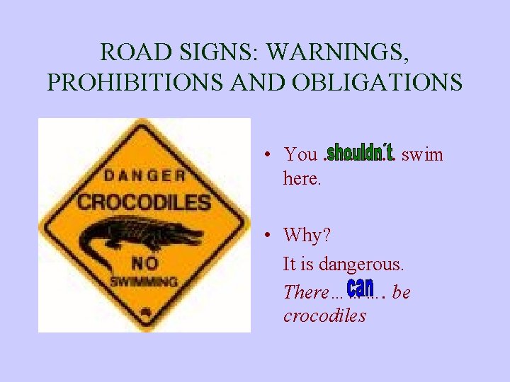 ROAD SIGNS: WARNINGS, PROHIBITIONS AND OBLIGATIONS • You ………. . . swim here. •