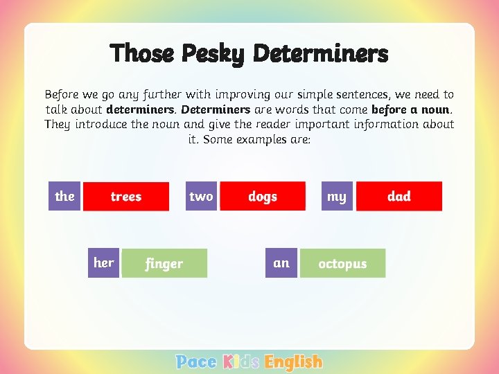 Those Pesky Determiners Before we go any further with improving our simple sentences, we