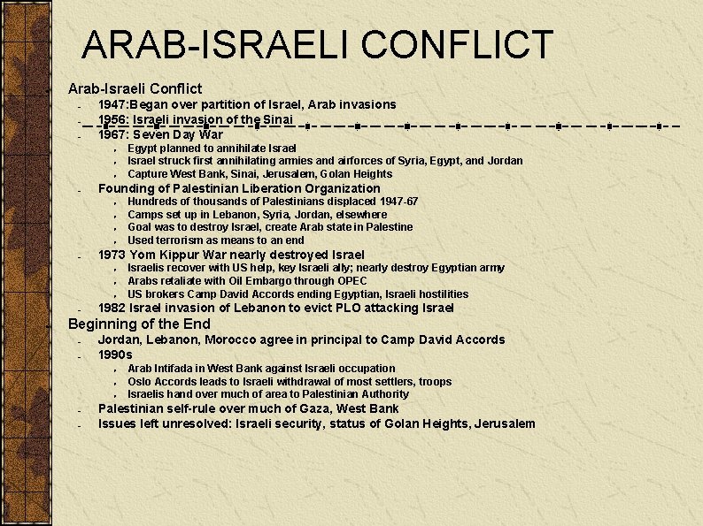 ARAB-ISRAELI CONFLICT ● Arab-Israeli Conflict 1947: Began over partition of Israel, Arab invasions 1956: