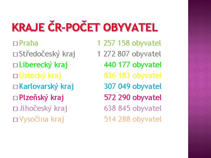 KRAJE ČR-POČET OBYVATEL � Praha � Středočeský kraj � Liberecký kraj � Ústecký kraj