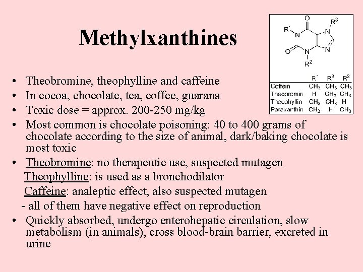 Methylxanthines • • Theobromine, theophylline and caffeine In cocoa, chocolate, tea, coffee, guarana Toxic