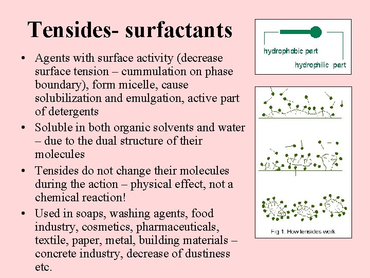 Tensides- surfactants • Agents with surface activity (decrease surface tension – cummulation on phase