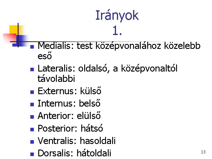 Irányok 1. n n n n Medialis: test középvonalához közelebb eső Lateralis: oldalsó, a