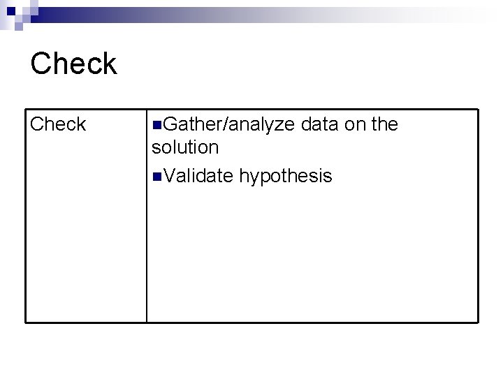 Check n. Gather/analyze data on the solution n. Validate hypothesis 