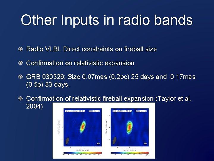 Other Inputs in radio bands Radio VLBI. Direct constraints on fireball size Confirmation on