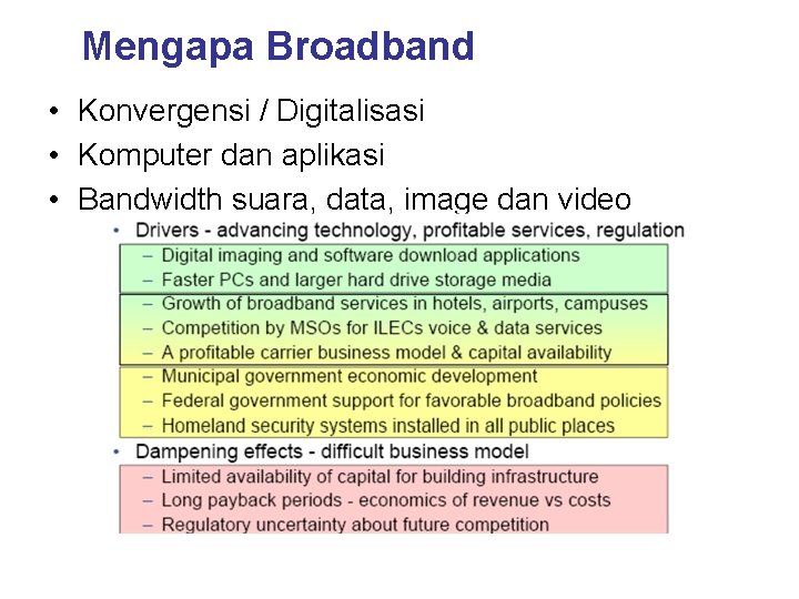 Mengapa Broadband • Konvergensi / Digitalisasi • Komputer dan aplikasi • Bandwidth suara, data,