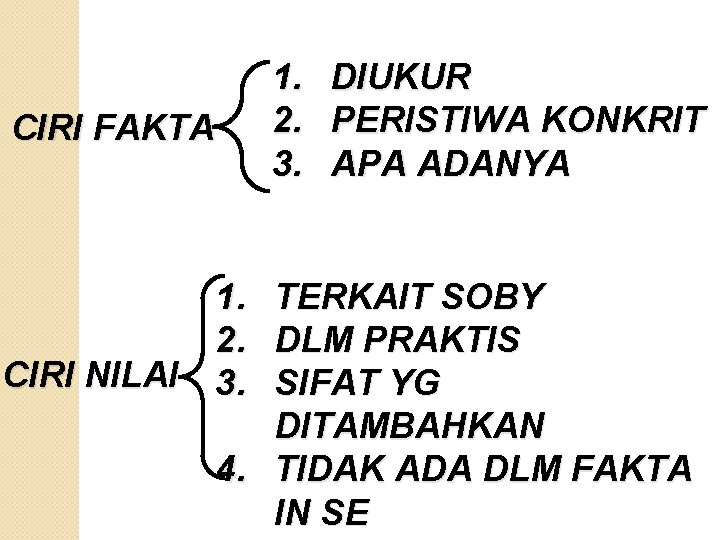 CIRI FAKTA 1. 2. CIRI NILAI 3. 1. 2. 3. DIUKUR PERISTIWA KONKRIT APA