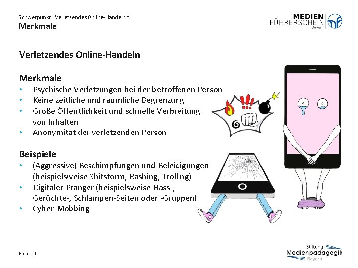 Schwerpunkt „Verletzendes Online-Handeln “ Merkmale Verletzendes Online-Handeln Merkmale • • Psychische Verletzungen bei der