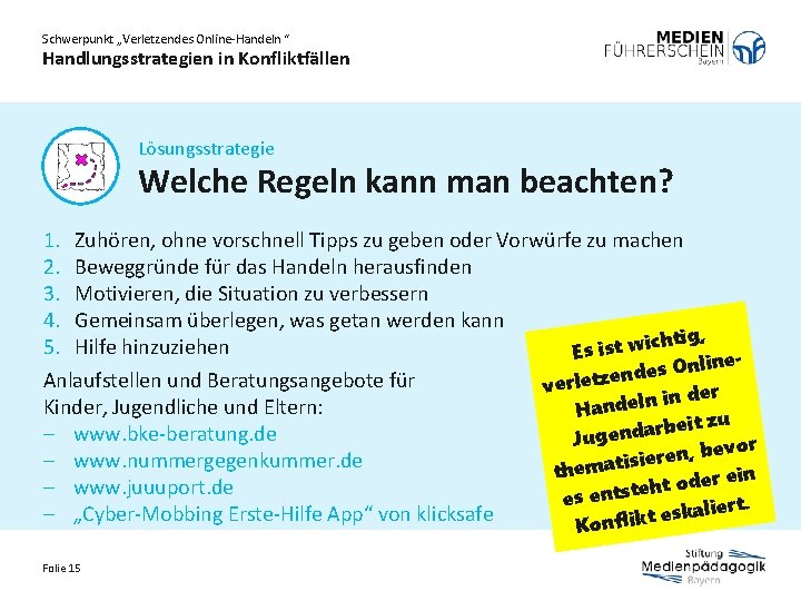 Schwerpunkt „Verletzendes Online-Handeln “ Handlungsstrategien in Konfliktfällen Lösungsstrategie Welche Regeln kann man beachten? 1.