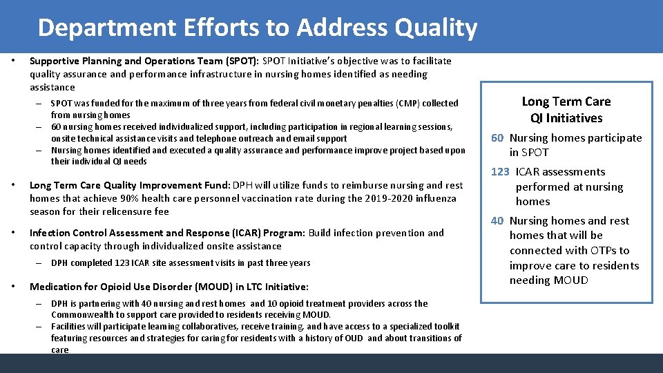 Department Efforts to Address Quality • Supportive Planning and Operations Team (SPOT): SPOT Initiative’s