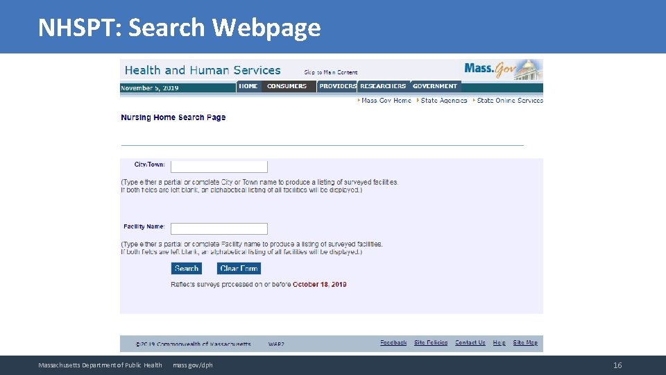 NHSPT: Search Webpage Massachusetts Department of Public Health mass. gov/dph 16 