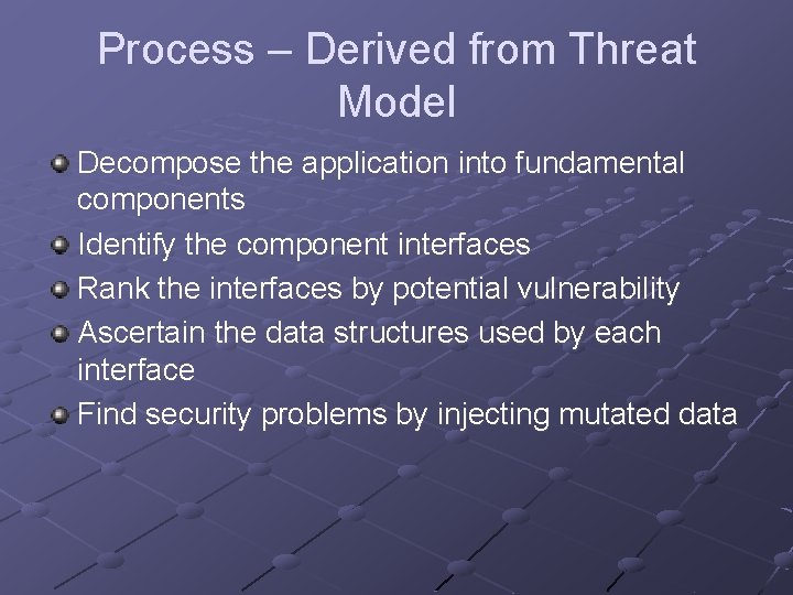 Process – Derived from Threat Model Decompose the application into fundamental components Identify the