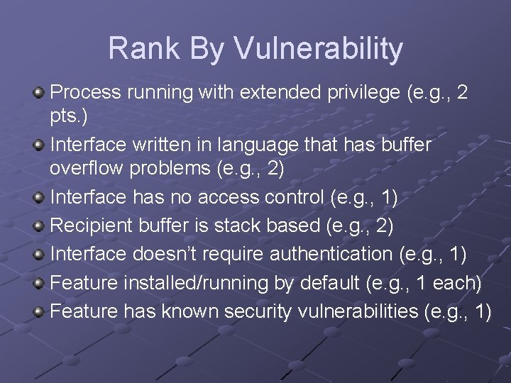 Rank By Vulnerability Process running with extended privilege (e. g. , 2 pts. )