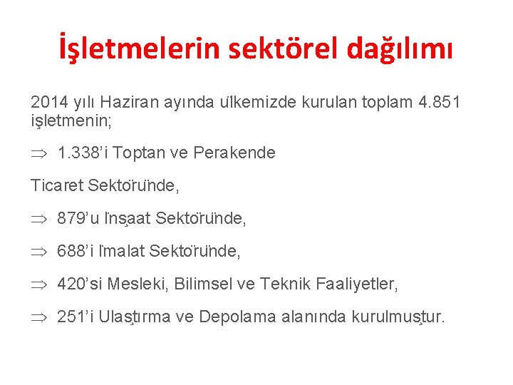 İşletmelerin sektörel dağılımı 2014 yılı Haziran ayında u lkemizde kurulan toplam 4. 851 işletmenin;