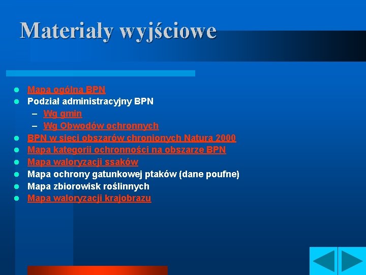 Materiały wyjściowe l l l l Mapa ogólna BPN Podział administracyjny BPN – Wg