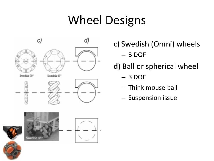 Wheel Designs c) Swedish (Omni) wheels – 3 DOF d) Ball or spherical wheel