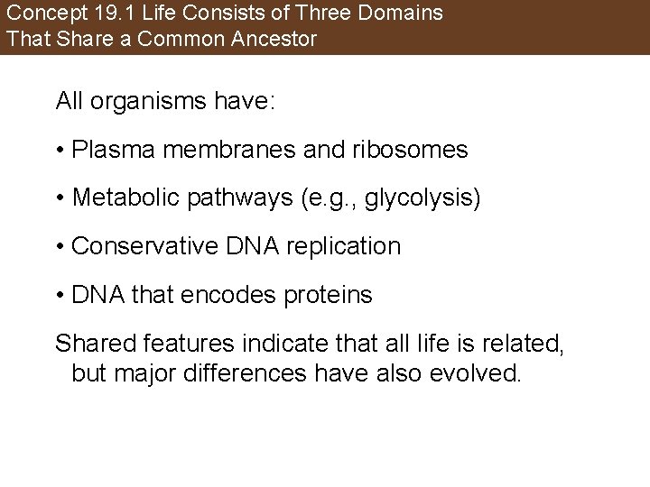 Concept 19. 1 Life Consists of Three Domains That Share a Common Ancestor All