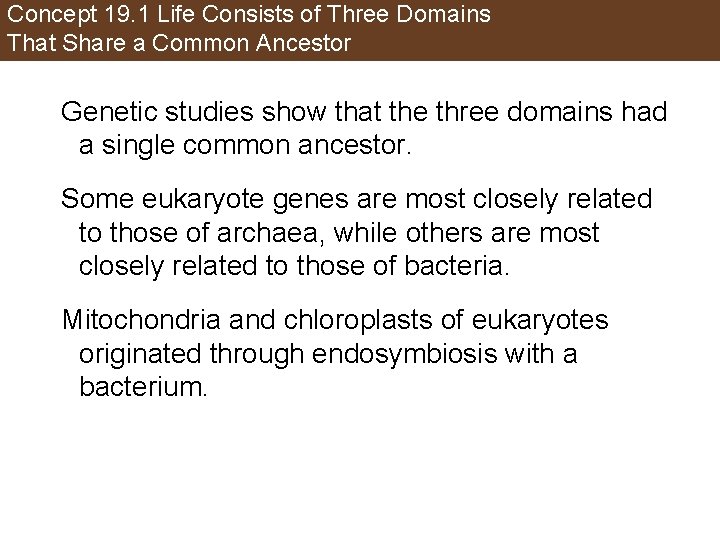 Concept 19. 1 Life Consists of Three Domains That Share a Common Ancestor Genetic