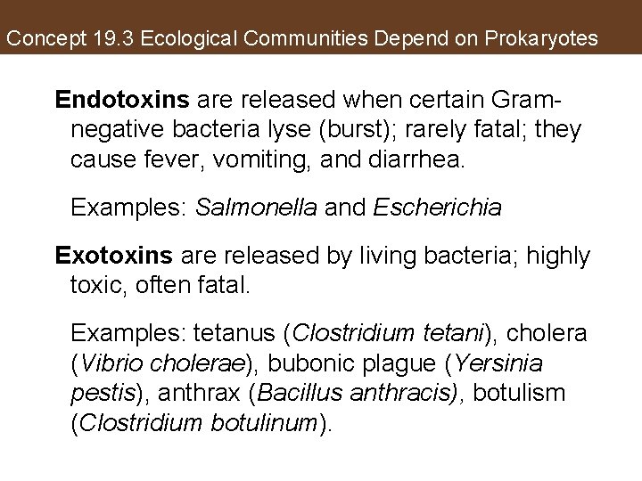 Concept 19. 3 Ecological Communities Depend on Prokaryotes Endotoxins are released when certain Gramnegative