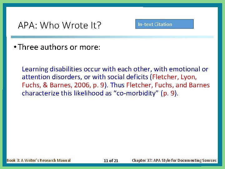 APA: Who Wrote It? In-text Citation • Three authors or more: Learning disabilities occur