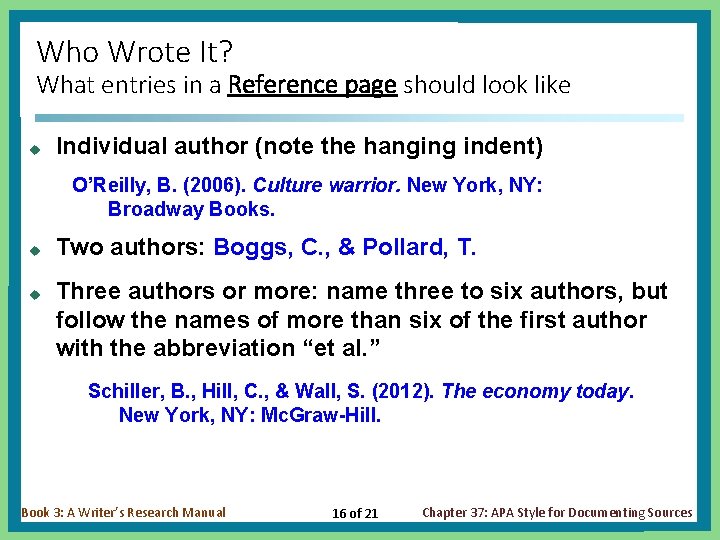 Who Wrote It? What entries in a Reference page should look like u Individual