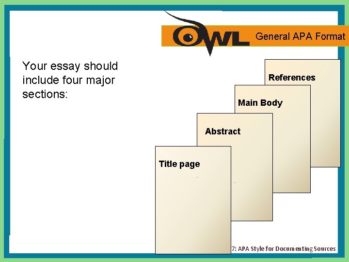 General APA Format Your essay should include four major sections: References Main Body Abstract